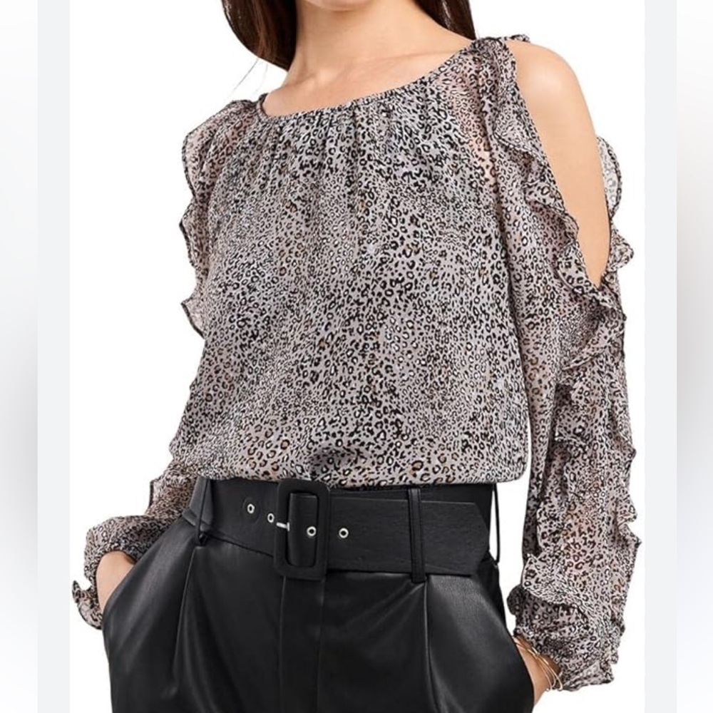 1 STATE LEOPARD PRINT COLD SHOULDER RUFFLE SLEEVE BLOUSE SIZE LARGE